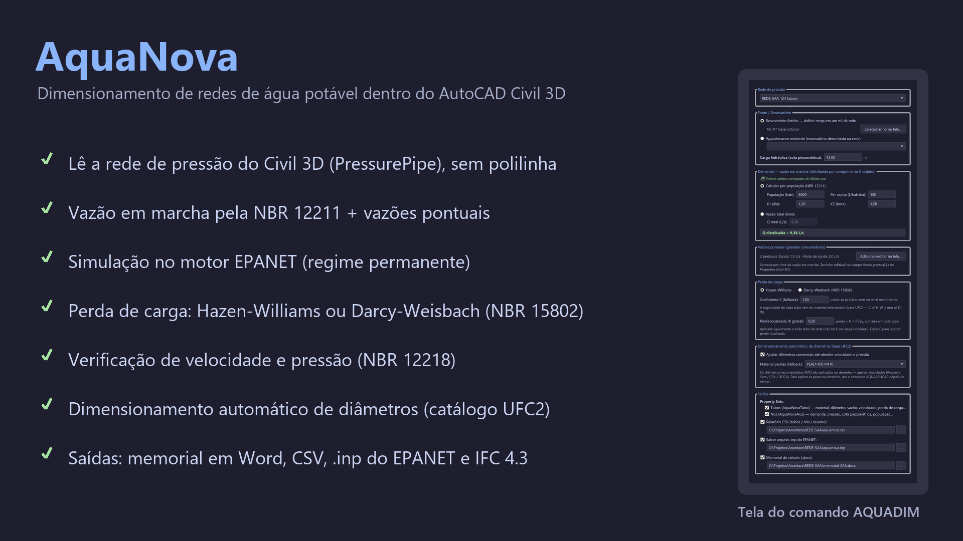 AquaNova — Dimensionamento de redes de água potável dentro do AutoCAD Civil 3D: visão geral dos recursos e da tela do comando AQUADIM.