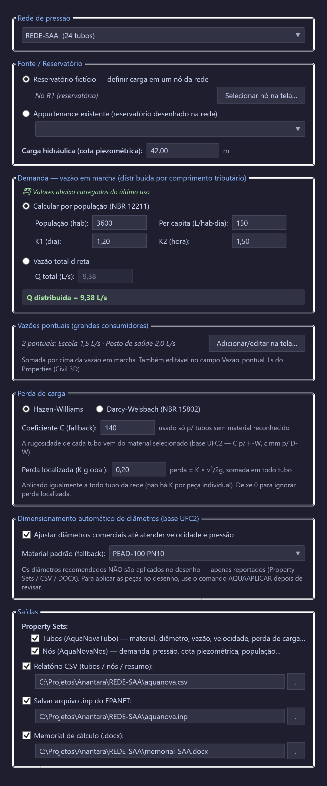 Tela do comando AQUADIM no AutoCAD Civil 3D: seleção da rede de pressão, fonte/reservatório, demanda por vazão em marcha (NBR 12211), perda de carga e dimensionamento automático de diâmetros.