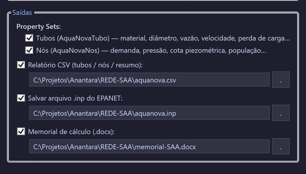 Painel de saídas do comando AQUADIM: Property Sets de tubos e nós, relatório CSV, arquivo .inp do EPANET e memorial de cálculo em .docx.