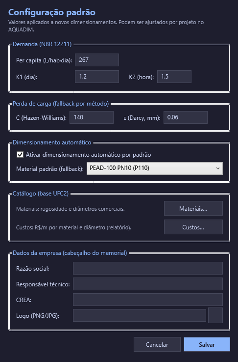 Janela de configuração padrão do AquaNova