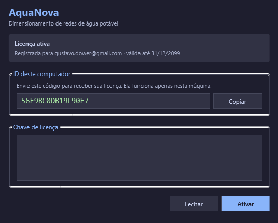 Janela de ativação de licença do AquaNova
